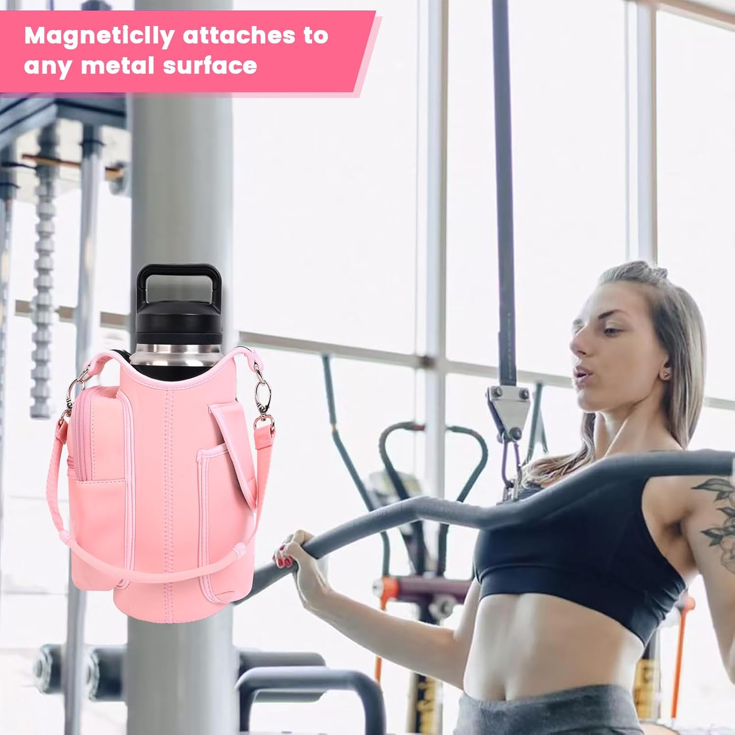 Pink Magnetic Gym Bag Water Bottle Holder with Phone Pockets – 5 Built-in Magnets, Neoprene Sleeve & Strap – Fits 18oz–40oz Bottles Solanly