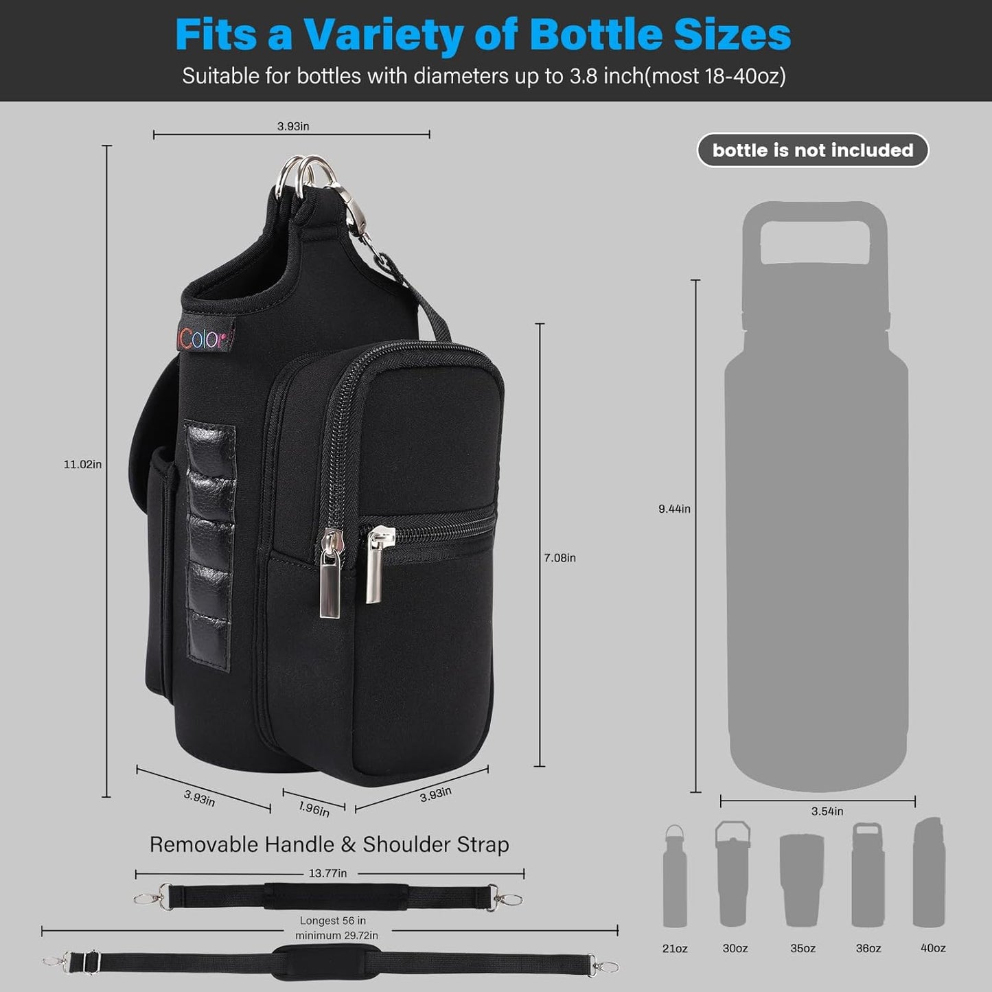 Magnetic Gym Bag Water Bottle Carrier with Phone Pockets – 5 Built-in Magnets, Neoprene Sleeve with Strap – Fits 18oz to 40oz Bottles – Black Solanly