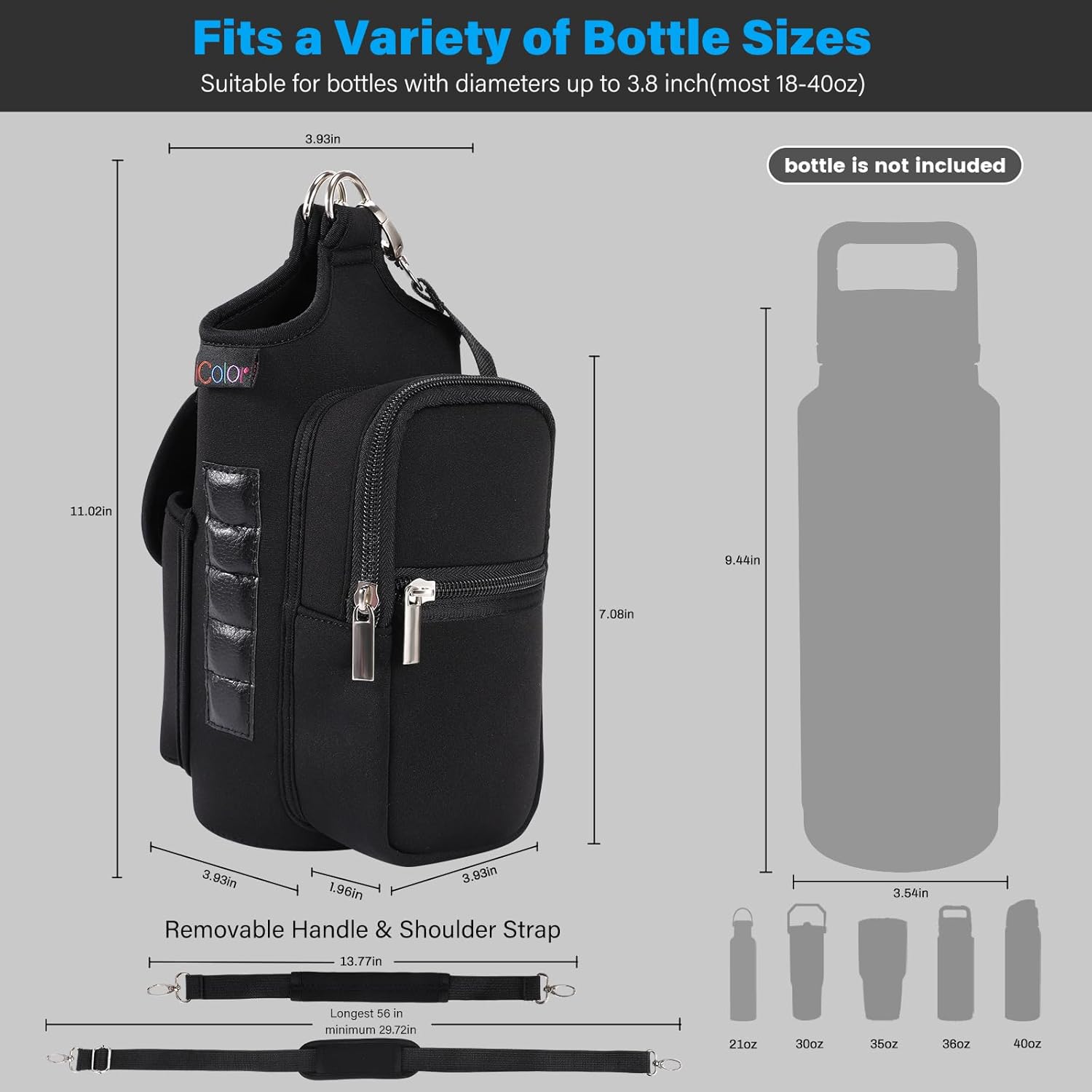 Magnetic Gym Bag Water Bottle Carrier with Phone Pockets – 5 Built-in Magnets, Neoprene Sleeve with Strap – Fits 18oz to 40oz Bottles – Black Solanly