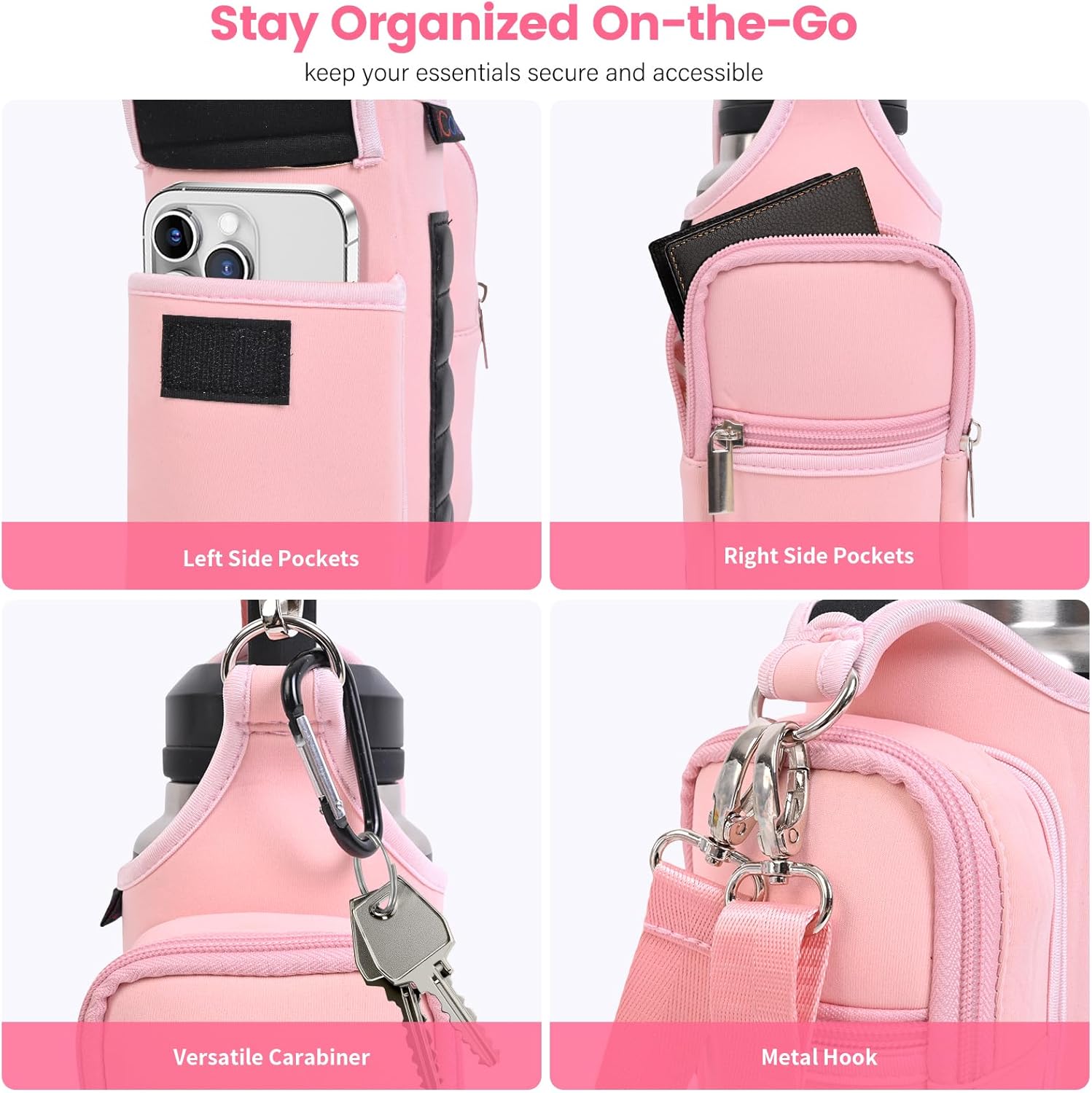 Pink Magnetic Gym Bag Water Bottle Holder with Phone Pockets – 5 Built-in Magnets, Neoprene Sleeve & Strap – Fits 18oz–40oz Bottles Solanly