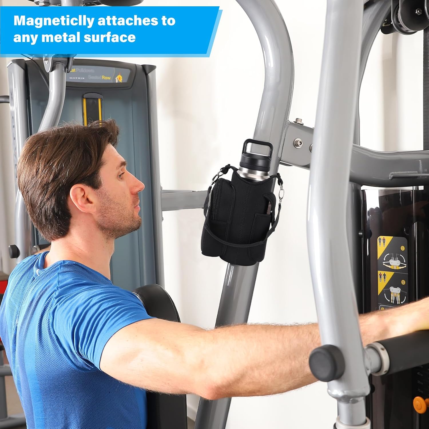 Magnetic Gym Bag Water Bottle Carrier with Phone Pockets – 5 Built-in Magnets, Neoprene Sleeve with Strap – Fits 18oz to 40oz Bottles – Black Solanly
