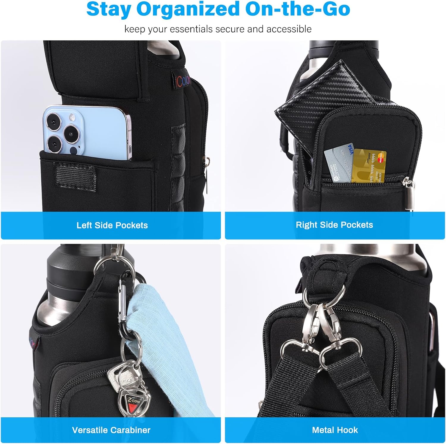 Magnetic Gym Bag Water Bottle Carrier with Phone Pockets – 5 Built-in Magnets, Neoprene Sleeve with Strap – Fits 18oz to 40oz Bottles – Black Solanly