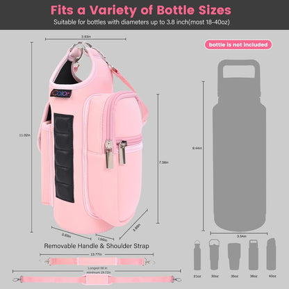 Pink Magnetic Gym Bag Water Bottle Holder with Phone Pockets – 5 Built-in Magnets, Neoprene Sleeve & Strap – Fits 18oz–40oz Bottles Solanly