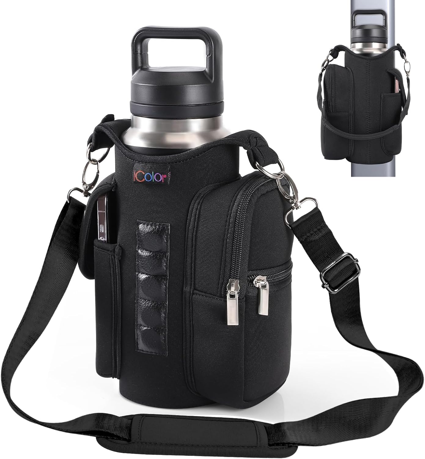 Magnetic Gym Bag Water Bottle Carrier with Phone Pockets – 5 Built-in Magnets, Neoprene Sleeve with Strap – Fits 18oz to 40oz Bottles – Black Solanly