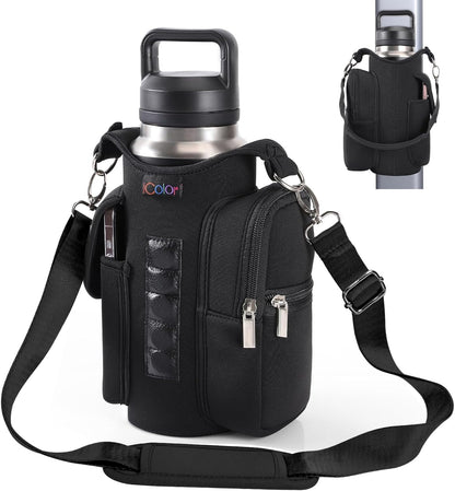 Magnetic Gym Bag Water Bottle Carrier with Phone Pockets – 5 Built-in Magnets, Neoprene Sleeve with Strap – Fits 18oz to 40oz Bottles – Black Solanly