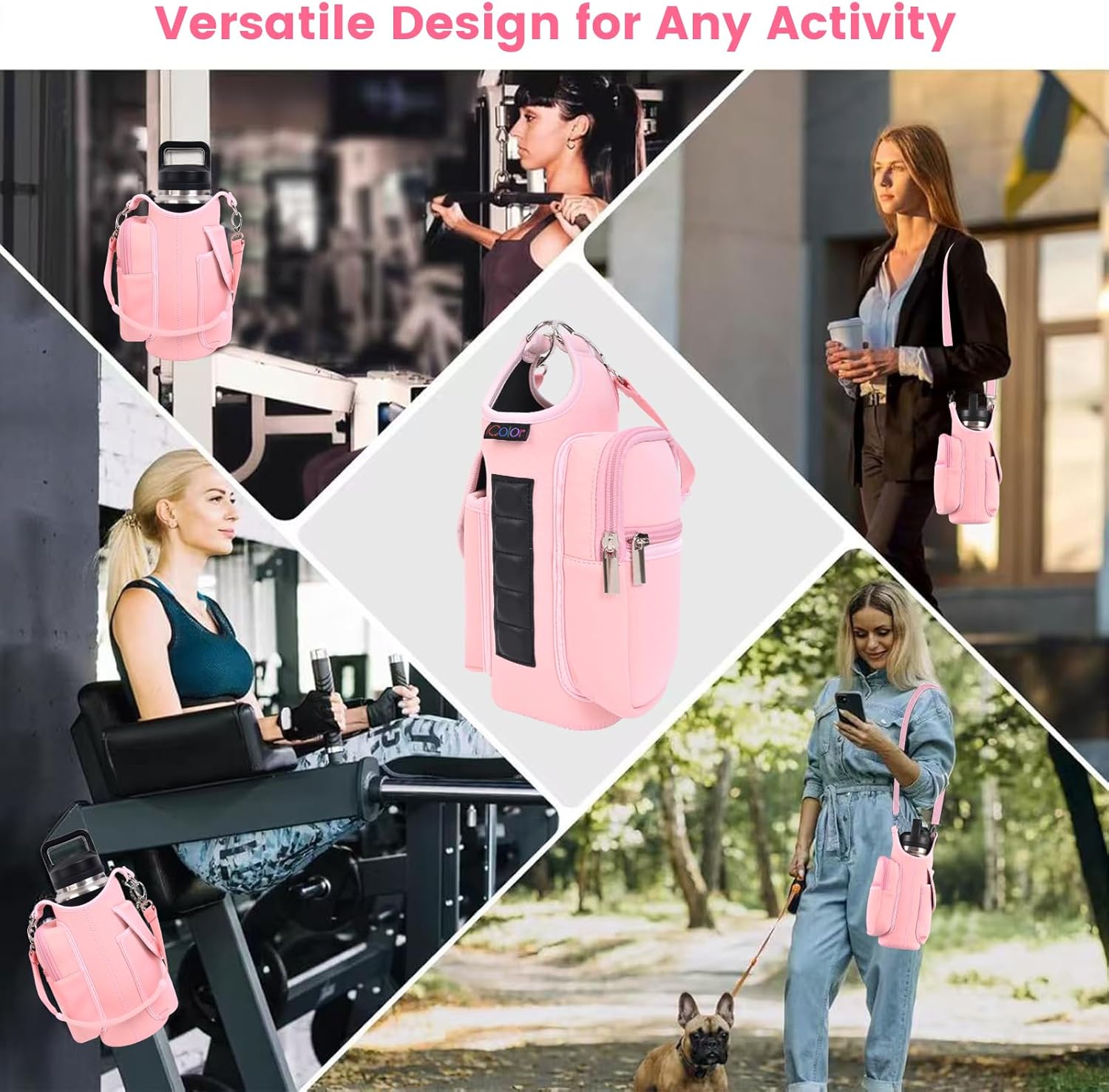 Pink Magnetic Gym Bag Water Bottle Holder with Phone Pockets – 5 Built-in Magnets, Neoprene Sleeve & Strap – Fits 18oz–40oz Bottles Solanly