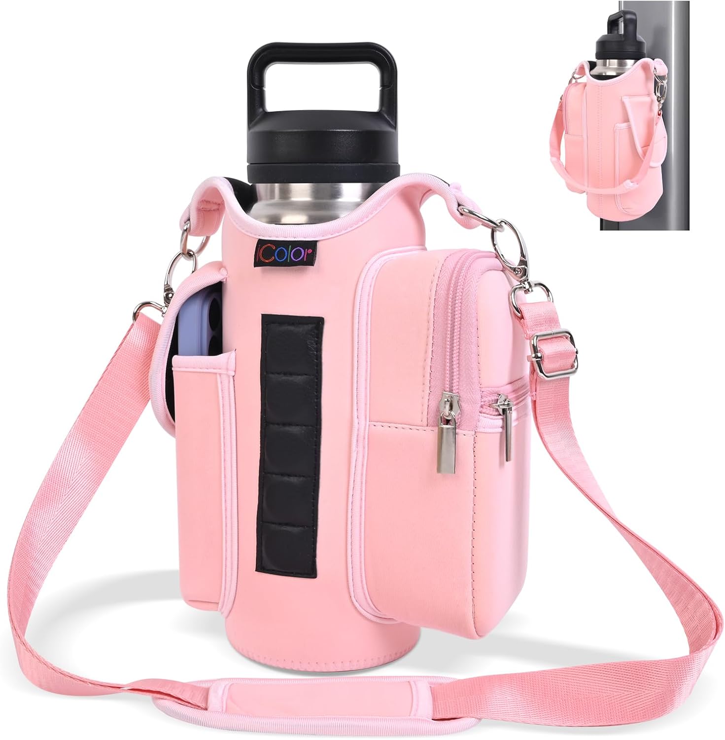 Pink Magnetic Gym Bag Water Bottle Holder with Phone Pockets – 5 Built-in Magnets, Neoprene Sleeve & Strap – Fits 18oz–40oz Bottles Solanly