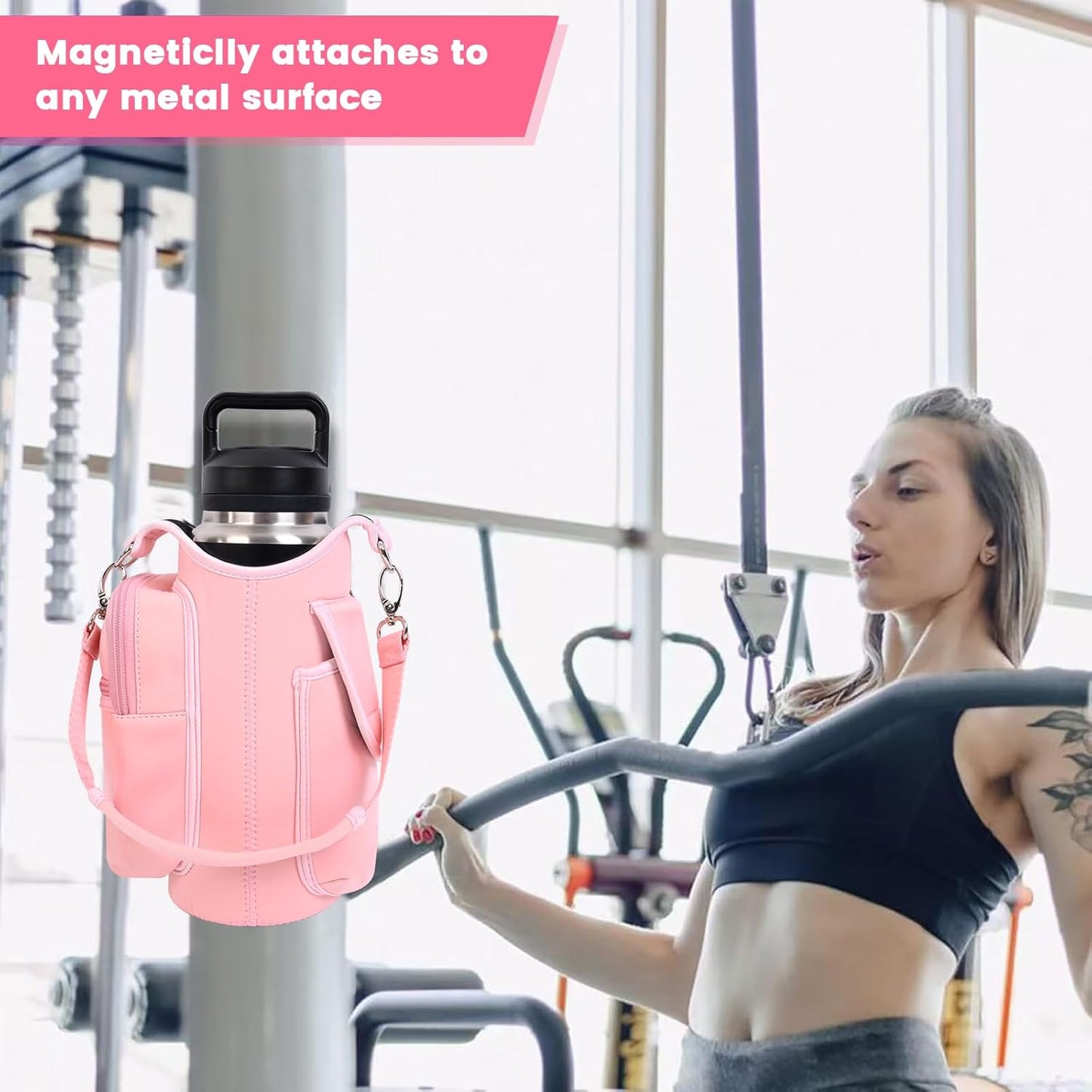Pink Magnetic Gym Bag Water Bottle Holder with Phone Pockets – 5 Built-in Magnets, Neoprene Sleeve & Strap – Fits 18oz–40oz Bottles Solanly