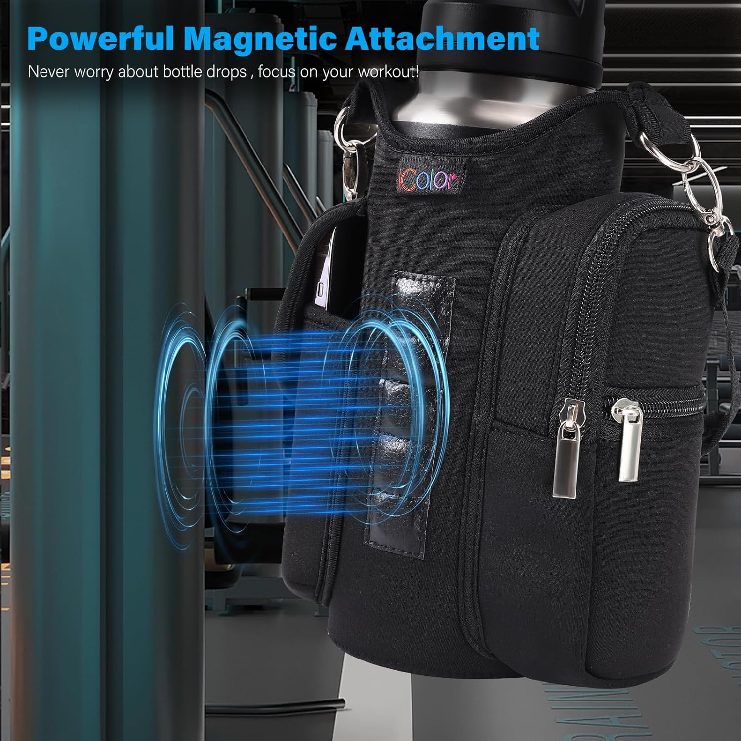 Magnetic Gym Bag Water Bottle Carrier with Phone Pockets – 5 Built-in Magnets, Neoprene Sleeve with Strap – Fits 18oz to 40oz Bottles – Black Solanly