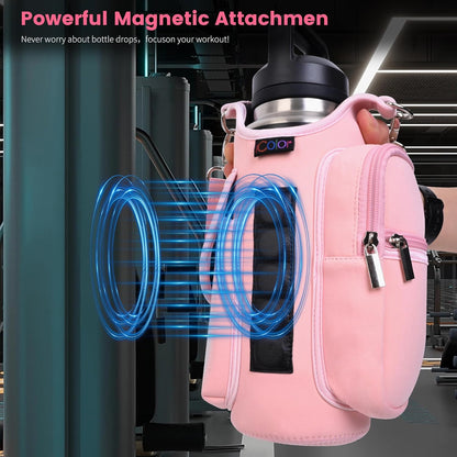 Pink Magnetic Gym Bag Water Bottle Holder with Phone Pockets – 5 Built-in Magnets, Neoprene Sleeve & Strap – Fits 18oz–40oz Bottles Solanly