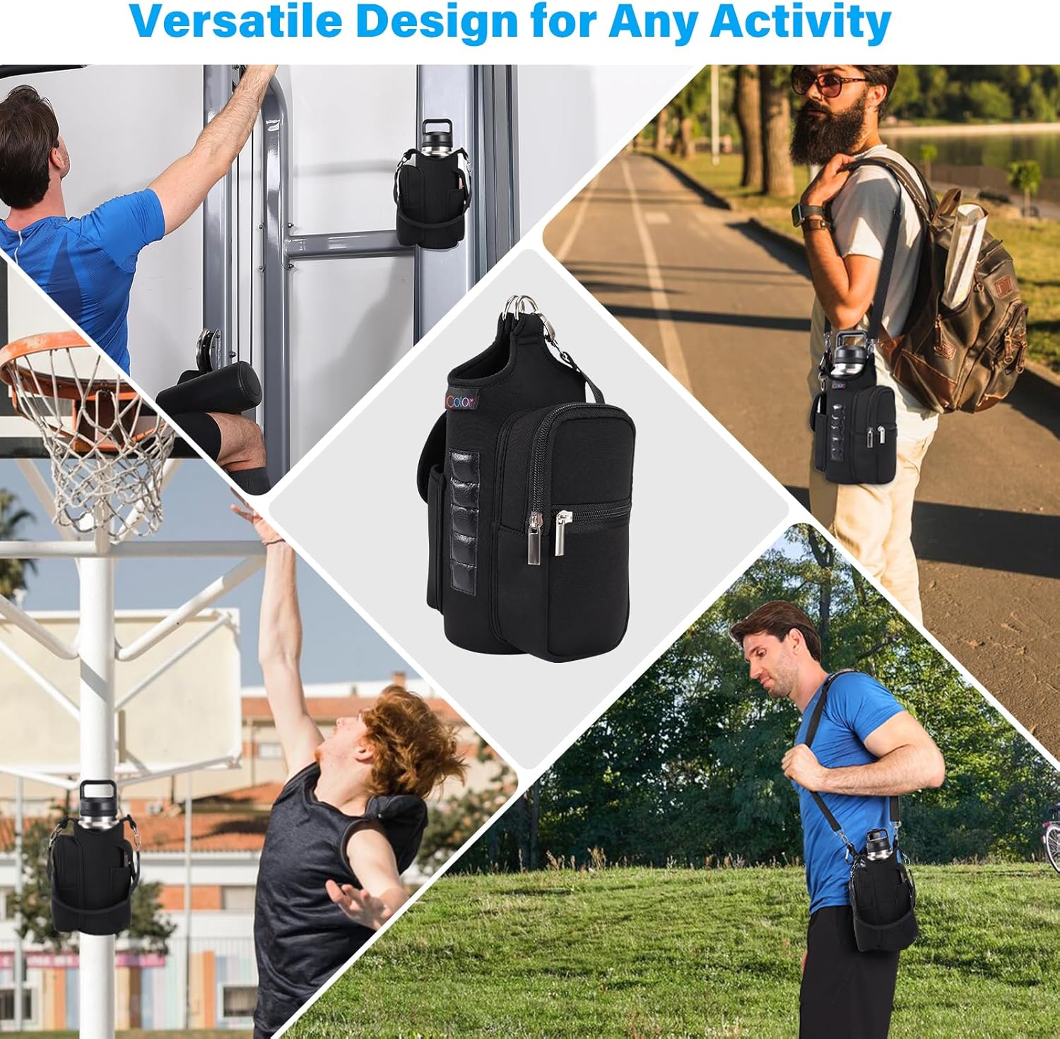 Magnetic Gym Bag Water Bottle Carrier with Phone Pockets – 5 Built-in Magnets, Neoprene Sleeve with Strap – Fits 18oz to 40oz Bottles – Black Solanly